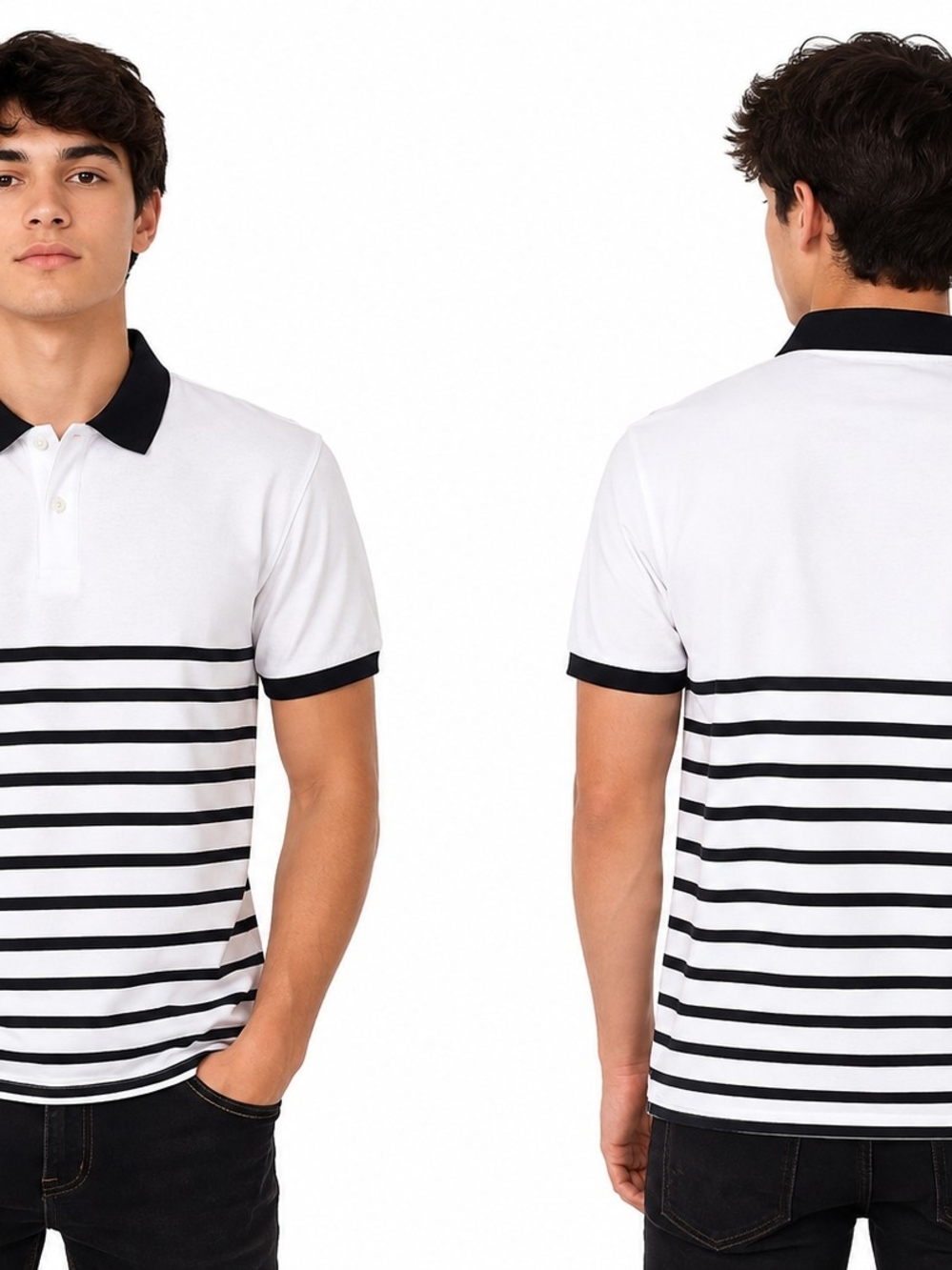 Men's White Polo with Black Stripes and Contrast Black Collar